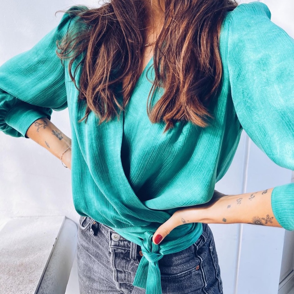 Teal/turquoise Silky Wrap Blouse- Size S